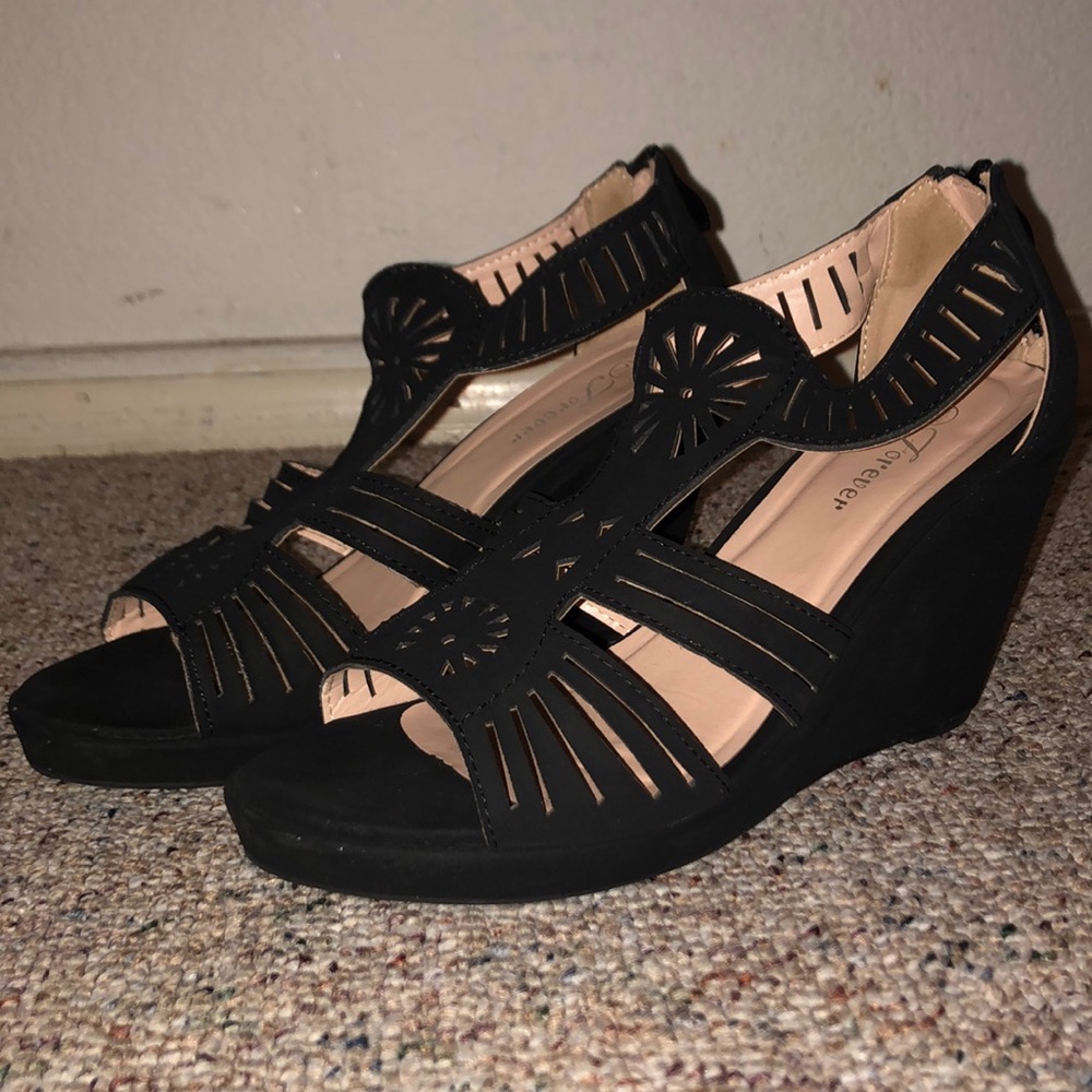 Black suede wedge heels
